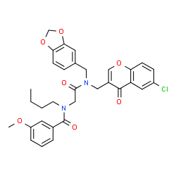 ChemSpider 2D Image | N-(2-{(1,3-Benzodioxol-5-ylmethyl)[(6-chloro-4-oxo-4H-chromen-3-yl)methyl]amino}-2-oxoethyl)-N-butyl-3-methoxybenzamide | C32H31ClN2O7