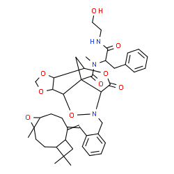 ChemSpider 2D Image | N-{1-[(2-Hydroxyethyl)amino]-1-oxo-3-phenyl-2-propanyl}-N-methyl-9-oxo-11-{2-[(4,12,12-trimethyl-5-oxatricyclo[8.2.0.0~4,6~]dodec-9-ylidene)methyl]benzyl}-3,5,8,12-tetraoxa-11-azatetracyclo[5.5.2.0~2,
6~.0~10,13~]tetradecane-13-carboxamide | C44H55N3O9
