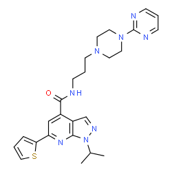 ChemSpider 2D Image | 1-Isopropyl-N-{3-[4-(2-pyrimidinyl)-1-piperazinyl]propyl}-6-(2-thienyl)-1H-pyrazolo[3,4-b]pyridine-4-carboxamide | C25H30N8OS