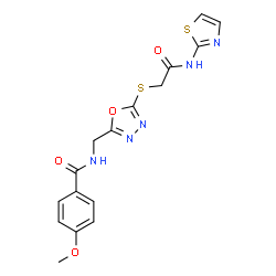 ChemSpider 2D Image | 4-Methoxy-N-[(5-{[2-oxo-2-(1,3-thiazol-2-ylamino)ethyl]sulfanyl}-1,3,4-oxadiazol-2-yl)methyl]benzamide | C16H15N5O4S2