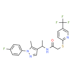 ChemSpider 2D Image | N-{1-[1-(4-Fluorophenyl)-5-methyl-1H-pyrazol-4-yl]ethyl}-2-{[5-(trifluoromethyl)-2-pyridinyl]sulfanyl}acetamide | C20H18F4N4OS