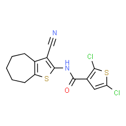 ChemSpider 2D Image | 2,5-Dichloro-N-(3-cyano-5,6,7,8-tetrahydro-4H-cyclohepta[b]thiophen-2-yl)-3-thiophenecarboxamide | C15H12Cl2N2OS2