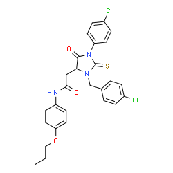 ChemSpider 2D Image | 2-[3-(4-Chlorobenzyl)-1-(4-chlorophenyl)-5-oxo-2-thioxo-4-imidazolidinyl]-N-(4-propoxyphenyl)acetamide | C27H25Cl2N3O3S
