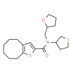 ChemSpider 2D Image | N-(Tetrahydro-2-furanylmethyl)-N-(tetrahydro-3-thiophenyl)-4,5,6,7,8,9-hexahydrocycloocta[b]thiophene-2-carboxamide | C20H29NO2S2