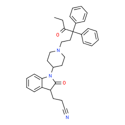 ChemSpider 2D Image | 3-(2-Oxo-1-(1-(4-oxo-3,3-diphenylhexyl)-4-piperidinyl)-2,3-dihydro-1H-indol-3-yl)propanenitrile | C34H37N3O2