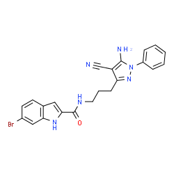 ChemSpider 2D Image | N-[3-(5-Amino-4-cyano-1-phenyl-1H-pyrazol-3-yl)propyl]-6-bromo-1H-indole-2-carboxamide | C22H19BrN6O