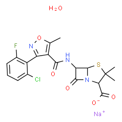 ChemSpider 2D Image | Sodium 6-({[3-(2-chloro-6-fluorophenyl)-5-methyl-1,2-oxazol-4-yl]carbonyl}amino)-3,3-dimethyl-7-oxo-4-thia-1-azabicyclo[3.2.0]heptane-2-carboxylate hydrate (1:1:1) | C19H18ClFN3NaO6S