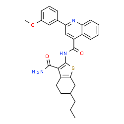 ChemSpider 2D Image | N-(3-Carbamoyl-6-propyl-4,5,6,7-tetrahydro-1-benzothiophen-2-yl)-2-(3-methoxyphenyl)-4-quinolinecarboxamide | C29H29N3O3S