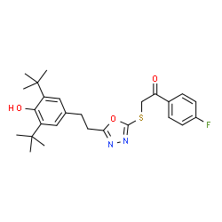 ChemSpider 2D Image | 1-(4-Fluorophenyl)-2-[(5-{2-[4-hydroxy-3,5-bis(2-methyl-2-propanyl)phenyl]ethyl}-1,3,4-oxadiazol-2-yl)sulfanyl]ethanone | C26H31FN2O3S