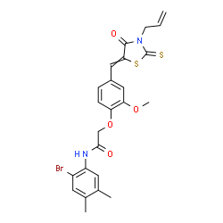 ChemSpider 2D Image | 2-{4-[(3-Allyl-4-oxo-2-thioxo-1,3-thiazolidin-5-ylidene)methyl]-2-methoxyphenoxy}-N-(2-bromo-4,5-dimethylphenyl)acetamide | C24H23BrN2O4S2