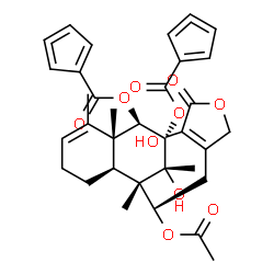 ChemSpider 2D Image | (1R,2S,3R,4S,4aS,8aR)-4-[(1S)-1-Acetoxy-2-(4-hydroxy-5-oxo-2,5-dihydro-3-furanyl)ethyl]-3-hydroxy-3,4,8,8a-tetramethyl-1,2,3,4,4a,5,6,8a-octahydronaphthalene-1,2-diyl bis(1,3,4-cyclopentatriene-1-carb
oxylate) | C34H36O10
