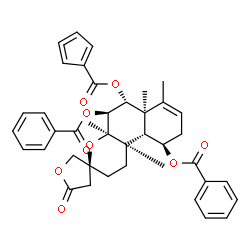 ChemSpider 2D Image | (3S,4aR,5S,6R,6aR,10R,10aS,10bR)-6-[(1,3,4-Cyclopentatrien-1-ylcarbonyl)oxy]-4a,6a,7,10b-tetramethyl-5'-oxo-1,2,4',4a,5,5',6,6a,9,10,10a,10b-dodecahydrospiro[benzo[f]chromene-3,3'-furan]-5,10-diyl dib
enzoate | C40H40O9