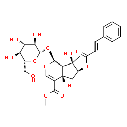 ChemSpider 2D Image | Methyl (1S,4aR,6S,7R,7aS)-1-(beta-D-glucopyranosyloxy)-4a,7-dihydroxy-7-methyl-6-{[(2E)-3-phenyl-2-propenoyl]oxy}-1,4a,5,6,7,7a-hexahydrocyclopenta[c]pyran-4-carboxylate | C26H32O13