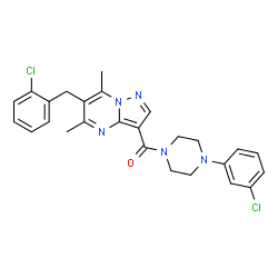 ChemSpider 2D Image | [6-(2-Chlorobenzyl)-5,7-dimethylpyrazolo[1,5-a]pyrimidin-3-yl][4-(3-chlorophenyl)-1-piperazinyl]methanone | C26H25Cl2N5O