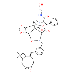 ChemSpider 2D Image | N-{1-[(2-Hydroxyethyl)amino]-1-oxo-3-phenyl-2-propanyl}-N-methyl-9-oxo-11-{3-[(4,12,12-trimethyl-5-oxatricyclo[8.2.0.0~4,6~]dodec-9-ylidene)methyl]benzyl}-3,5,8,12-tetraoxa-11-azatetracyclo[5.5.2.0~2,
6~.0~10,13~]tetradecane-13-carboxamide | C44H55N3O9