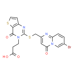 ChemSpider 2D Image | 3-[2-{[(7-Bromo-4-oxo-4H-pyrido[1,2-a]pyrimidin-2-yl)methyl]sulfanyl}-4-oxothieno[3,2-d]pyrimidin-3(4H)-yl]propanoic acid | C18H13BrN4O4S2