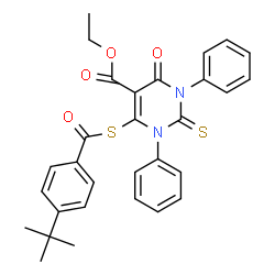 ChemSpider 2D Image | Ethyl 6-((4-tert-butylbenzoyl)thio)-4-oxo-1,3-diphenyl-2-thioxo-1,2,3,4-tetrahydro-5-pyrimidinecarboxylate | C30H28N2O4S2