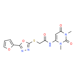 ChemSpider 2D Image | N-(1,3-Dimethyl-2,6-dioxo-1,2,3,6-tetrahydro-4-pyrimidinyl)-2-{[5-(2-furyl)-1,3,4-oxadiazol-2-yl]sulfanyl}acetamide | C14H13N5O5S
