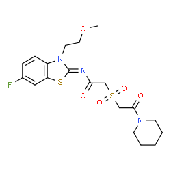 ChemSpider 2D Image | N-[(2Z)-6-Fluoro-3-(2-methoxyethyl)-1,3-benzothiazol-2(3H)-ylidene]-2-{[2-oxo-2-(1-piperidinyl)ethyl]sulfonyl}acetamide | C19H24FN3O5S2