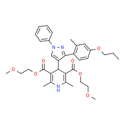 ChemSpider 2D Image | Bis(2-methoxyethyl) 2,6-dimethyl-4-[3-(2-methyl-4-propoxyphenyl)-1-phenyl-1H-pyrazol-4-yl]-1,4-dihydro-3,5-pyridinedicarboxylate | C34H41N3O7