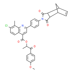 ChemSpider 2D Image | 1-(4-Methoxyphenyl)-1-oxo-2-propanyl 7-chloro-2-[4-(3,5-dioxo-4-azatricyclo[5.2.1.0~2,6~]dec-8-en-4-yl)phenyl]-8-methyl-4-quinolinecarboxylate | C36H29ClN2O6