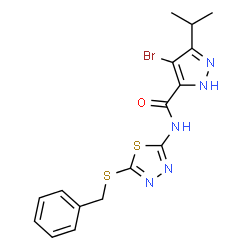 ChemSpider 2D Image | N-[5-(Benzylsulfanyl)-1,3,4-thiadiazol-2-yl]-4-bromo-3-isopropyl-1H-pyrazole-5-carboxamide | C16H16BrN5OS2