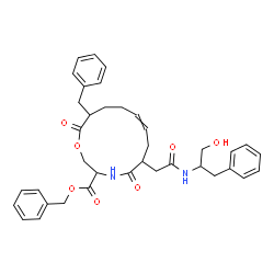 ChemSpider 2D Image | Benzyl 12-benzyl-6-{2-[(1-hydroxy-3-phenyl-2-propanyl)amino]-2-oxoethyl}-5,13-dioxo-1-oxa-4-azacyclotridec-8-ene-3-carboxylate | C37H42N2O7