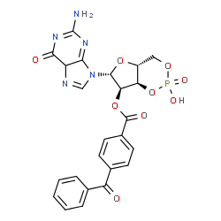 ChemSpider 2D Image | (4aR,6R,7R,7aR)-6-(2-Amino-6-oxo-5,6-dihydro-9H-purin-9-yl)-2-hydroxy-2-oxidotetrahydro-4H-furo[3,2-d][1,3,2]dioxaphosphinin-7-yl 4-benzoylbenzoate | C24H20N5O9P