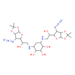 ChemSpider 2D Image | 4,6-Bis{[2-(6-azido-2,2-dimethyltetrahydrofuro[2,3-d][1,3]dioxol-5-yl)-2-hydroxyethyl]amino}-1,2,3-cyclohexanetriol | C24H42N8O11