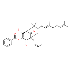 ChemSpider 2D Image | (1R,5R,7R)-7-[(2E)-3,7-Dimethyl-2,6-octadien-1-yl]-2-hydroxy-8,8-dimethyl-5-(3-methyl-2-buten-1-yl)-4,9-dioxobicyclo[3.3.1]non-2-en-3-yl benzoate | C33H42O5