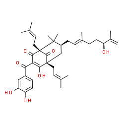 ChemSpider 2D Image | (1R,5R,7S)-3-(3,4-Dihydroxybenzoyl)-4-hydroxy-7-[(2E,6R)-6-hydroxy-3,7-dimethyl-2,7-octadien-1-yl]-8,8-dimethyl-1,5-bis(3-methyl-2-buten-1-yl)bicyclo[3.3.1]non-3-ene-2,9-dione | C38H50O7