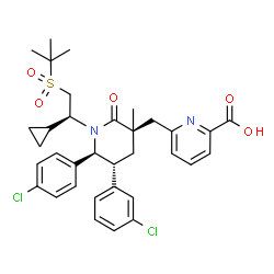 ChemSpider 2D Image | 6-{[(3R,5R,6S)-5-(3-Chlorophenyl)-6-(4-chlorophenyl)-1-{(1S)-1-cyclopropyl-2-[(2-methyl-2-propanyl)sulfonyl]ethyl}-3-methyl-2-oxo-3-piperidinyl]methyl}-2-pyridinecarboxylic acid | C34H38Cl2N2O5S