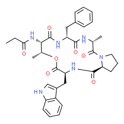 ChemSpider 2D Image | N-[(3S,6R,7S,10R,13R,18aS)-10-Benzyl-3-(1H-indol-3-ylmethyl)-6,13-dimethyl-1,4,8,11,14-pentaoxohexadecahydro-6H-pyrrolo[2,1-f][1,4,7,10,13]oxatetraazacyclohexadecin-7-yl]propanamide | C35H42N6O7