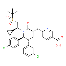 ChemSpider 2D Image | 6-{[(3S,5R,6S)-5-(3-Chlorophenyl)-6-(4-chlorophenyl)-1-{(1S)-1-cyclopropyl-2-[(2-methyl-2-propanyl)sulfonyl]ethyl}-3-methyl-2-oxo-3-piperidinyl]methyl}nicotinic acid | C34H38Cl2N2O5S