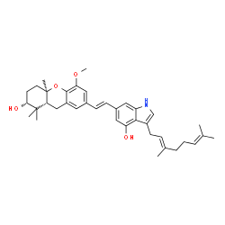ChemSpider 2D Image | 3-[(2E)-3,7-Dimethyl-2,6-octadien-1-yl]-6-{(E)-2-[(2R,4aR,9aR)-2-hydroxy-5-methoxy-1,1,4a-trimethyl-2,3,4,4a,9,9a-hexahydro-1H-xanthen-7-yl]vinyl}-1H-indol-4-ol | C37H47NO4