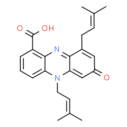 ChemSpider 2D Image | 5,9-Bis(3-methyl-2-buten-1-yl)-7-oxo-5,7-dihydro-1-phenazinecarboxylic acid | C23H24N2O3