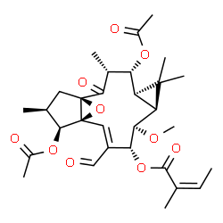 ChemSpider 2D Image | (1R,3R,4R,5R,7S,8R,9R,10Z,12S,13S,14S)-4,13-Diacetoxy-10-formyl-8-methoxy-3,6,6,14-tetramethyl-2-oxo-16-oxatetracyclo[10.3.1.0~1,12~.0~5,7~]hexadec-10-en-9-yl (2Z)-2-methyl-2-butenoate | C30H40O10