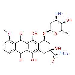 ChemSpider 2D Image | (2S,4S)-4-[(3-Amino-2,3,6-trideoxy-alpha-L-lyxo-hexopyranosyl)oxy]-2,5,12-trihydroxy-7-methoxy-6,11-dioxo-1,2,3,4,6,11-hexahydro-2-tetracenecarboxamide | C26H28N2O10