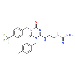 ChemSpider 2D Image | 1-[2-({1-(4-Methylbenzyl)-4,6-dioxo-5-[4-(trifluoromethyl)benzyl]-1,4,5,6-tetrahydro-1,3,5-triazin-2-yl}amino)ethyl]guanidine | C22H24F3N7O2