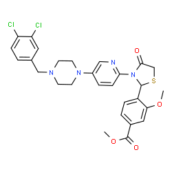ChemSpider 2D Image | Methyl 4-(3-{5-[4-(3,4-dichlorobenzyl)-1-piperazinyl]-2-pyridinyl}-4-oxo-1,3-thiazolidin-2-yl)-3-methoxybenzoate | C28H28Cl2N4O4S