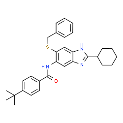ChemSpider 2D Image | N-[6-(Benzylsulfanyl)-2-cyclohexyl-1H-benzimidazol-5-yl]-4-(2-methyl-2-propanyl)benzamide | C31H35N3OS