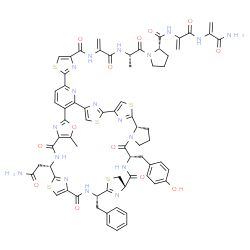 ChemSpider 2D Image | N-{2-[({2-[(6S,12S,15S,19S,26S)-26-(2-Amino-2-oxoethyl)-19-benzyl-12-(4-hydroxybenzyl)-30-methyl-11,14,21,28-tetraoxo-31-oxa-4,17,24,41-tetrathia-10,13,20,27,37,42,43,44,45,46-decaazaoctacyclo[37.2.1.
1~2,5~.1~15,18~.1~22,25~.1~29,32~.0~6,10~.0~33,38~]hexatetraconta-1(42),2,5(46),18(45),22,25(44),29,32(43),33,35,37,39-dodecaen-36-yl]-1,3-thiazol-4-yl}carbonyl)amino]acryloyl}-L-alanyl-N-{3-[(3-amino
-3-oxo-1-propen-2-yl)amino]-3-oxo-1-propen-2-yl}-L-prolinamide | C69H66N18O13S5