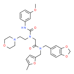 ChemSpider 2D Image | N-(1,3-Benzodioxol-5-ylmethyl)-N~2~-[(3-methoxyphenyl)carbamoyl]-N-[(5-methyl-2-furyl)methyl]-N~2~-[2-(4-morpholinyl)ethyl]glycinamide | C30H36N4O7