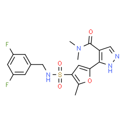 ChemSpider 2D Image | 5-{4-[(3,5-Difluorobenzyl)sulfamoyl]-5-methyl-2-furyl}-N,N-dimethyl-1H-pyrazole-4-carboxamide | C18H18F2N4O4S