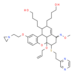ChemSpider 2D Image | 4,4'-[6a-(Allyloxy)-10-[2-(1-aziridinyl)ethoxy]-4-(methoxyimino)-6-{[2-(2-pyrazinyl)ethyl]sulfanyl}-1,2,4,5,6,6a,11b,11c-octahydrobenzo[kl]xanthene-1,2-diyl]di(1-butanol) | C38H52N4O6S