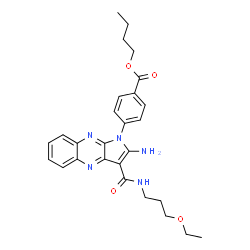 ChemSpider 2D Image | Butyl 4-{2-amino-3-[(3-ethoxypropyl)carbamoyl]-1H-pyrrolo[2,3-b]quinoxalin-1-yl}benzoate | C27H31N5O4