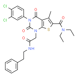 ChemSpider 2D Image | 3-(3,4-Dichlorophenyl)-N,N-diethyl-5-methyl-2,4-dioxo-1-{2-oxo-2-[(2-phenylethyl)amino]ethyl}-1,2,3,4-tetrahydrothieno[2,3-d]pyrimidine-6-carboxamide | C28H28Cl2N4O4S