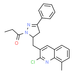 ChemSpider 2D Image | 1-{5-[(2-Chloro-8-methyl-3-quinolinyl)methyl]-3-phenyl-4,5-dihydro-1H-pyrazol-1-yl}-1-propanone | C23H22ClN3O