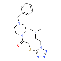 ChemSpider 2D Image | 1-(4-Benzyl-1-piperazinyl)-2-({1-[2-(dimethylamino)ethyl]-1H-tetrazol-5-yl}sulfanyl)ethanone | C18H27N7OS