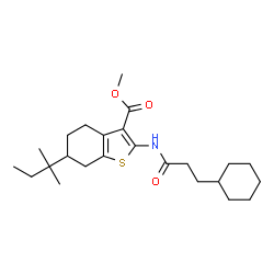 ChemSpider 2D Image | Methyl 2-[(3-cyclohexylpropanoyl)amino]-6-(2-methyl-2-butanyl)-4,5,6,7-tetrahydro-1-benzothiophene-3-carboxylate | C24H37NO3S